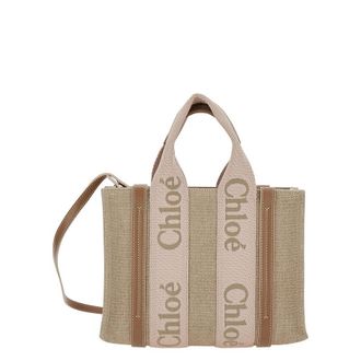 Chlo&eacute; Tote Bag Woody Piccola With Linen Logo Detail Beige Woman Hand