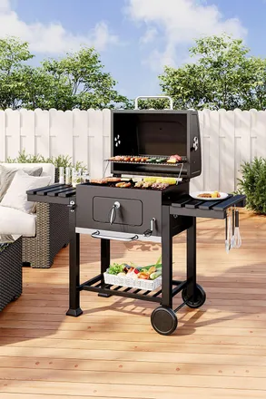 Living and Home Portable Charcoal BBQ Grill, Heavy Duty Outdoor Carbon Steel Barbecue Stove Smoker w/ Warming Rack & Thermometer & Mobile Wheels for