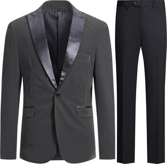 AlltheMen Mens Suits 2 Piece Suit Slim Fit Wedding Velvet Casual Blazer 1 Button Tuxedo Jackets Trousers Grey 3XL