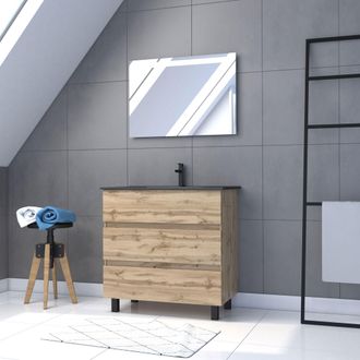 Aurlane Mueble De Ba&ntilde;o 80 Acabado Roble 3 Cajones - Lavabo Negro Y Espejo Led