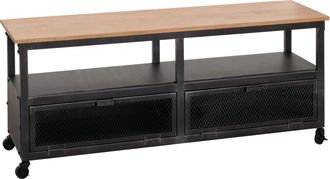 Hhg Hhg - Nunca Usado] Lowboard 079, Soporte Tv, Ruedas 2 Compartimentos, Estructura 3d Metal Retro Industrial Madera 55x130x36cm, Negro, Natural