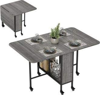 HOMCOM Homcom - Mobile Drop Leaf Dining Table on Wheels with Storage Shelf Grey