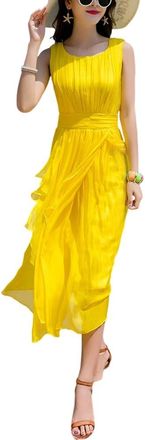 Dissa Women Yellow 100% Silk Dress Solid Round Neck Sleeveless Silk Knee-Length Casual Cocktail Party Prom Dress Pleated High-Waisted Mulberry Silk Flowy Dr