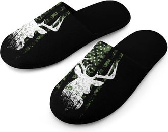 Generic USA Flag Deer Hunting Camouflage Mens Slippers Warm Non-Slip Houes Shose Spa Slipper for Home Bedroom