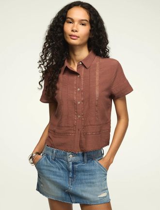 Lucky Brand Womens Lace Trimmed Camp Shirt