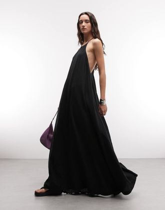 Weekday Vestito lungo nero stropicciato allacciato al collo con dorso a vogatore