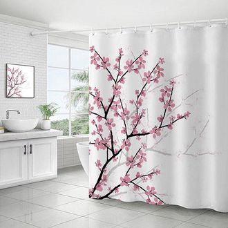 No Brand Juego De Cortina De Ducha Con Estampado De Flores De Cerezo, 180 X 180 Cm, Impermeable Y Resistente Al Moho, No Requiere Instalaci&oacute;n