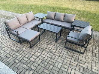 Fimous Aluminium 8 Seater Garden Furniture Outdoor Patio Sofa Set with Rectangular Coffee Table Armchair Big Footstool 2 Side Tables in Dark Grey