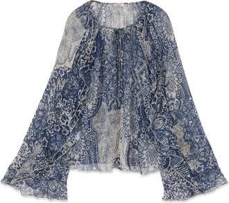 Oltre Fantasy Blouse met Ruffles - Dames - Blouses - Blauw - M - Polyester - Overhemden
