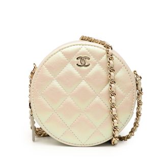 Chanel Pre-owned Womens Iridescent Quilted Lambskin Round Clutch With Chain - Ivory Leather - One Size