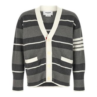 Thom Browne Cardigans, male, Gray, Size: L Striped Knitted Heavy Cotton Cardigan