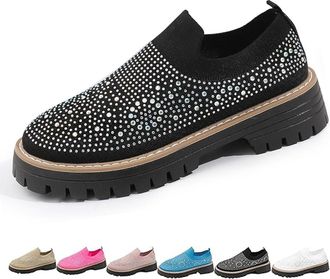 Generic Womens Knitted Platform Slip On Rhinestone Loafers, Orthopedic Chunky Loafers Breathable Mesh Sparkly Glitter Walking Shoes (6.5,Black)