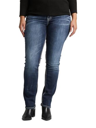 Silver Jeans Co Womens Plus Size Suki Mid Rise Curvy Fit Straight Leg Jeans, Vintage Dark Wash, 14 Plus Short