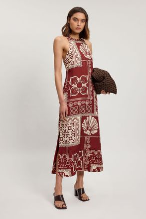 Karen Millen Womens Petite Linen Viscose Tile Print Woven Midi Dress - Brown - Size 14 UK