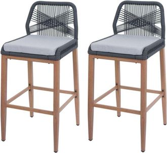 Hhg Hhg - Nunca Usado] Juego De 2 Taburetes De Bar De Cuerda 982, Asiento De Exterior De Cuerda De Metal Imitaci&oacute;n Madera, Antracita, Coj&iacute;n Gris Oscuro