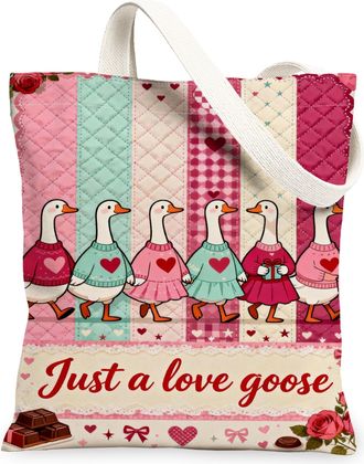 Generic ValentineS Goose Canvas Tote Bags, Cute Animal Pattern Reusable Bags, Vintage Quilted Lightweight Washable Shoulder Strap, Peach, 13x15 Inch