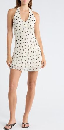 All in Favor Polka Dot Halter Neck Minidress in Ivory Black Dot at Nordstrom, Size X-Large