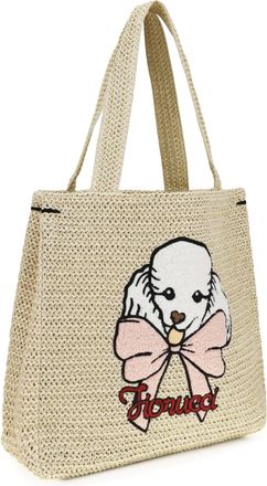 Fiorucci Womens Raffia Tote Bag With Poodle Beige Paper; Cotton Shoulder