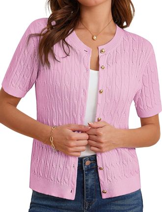 Grace Karin Women Basic Summer Cardigan Sweater Short Sleeve Cable Knit Open Front Button Up Cardigan Light Pink S