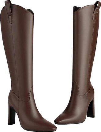 Generic Womens Fashion Knee High Boots Pointed Toe Super High Square Heel With Side Zipper For Wide Calf Fit Party Wear