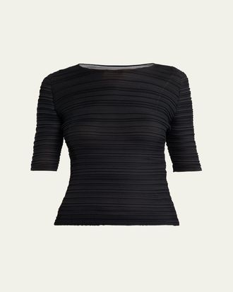 Issey Miyake Jiggly Pleated Plisse Elbow-Sleeve Top