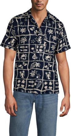 Lands End Short Sleeve Camp Collar Hawaiian Shirt in Deep Sea Navy/fish at Nordstrom, Size Xx-Large