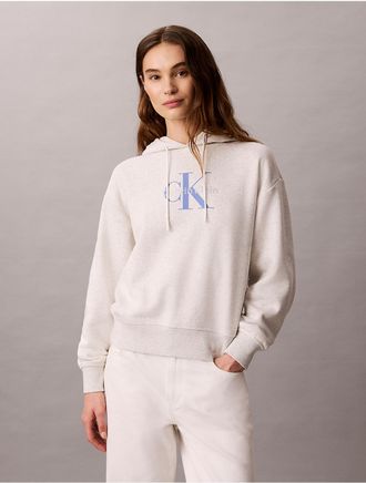 Calvin Klein Jeans Calvin Klein Womens Rhinestone Monologo Fleece Hoodie - Light/Pastel Grey - XL