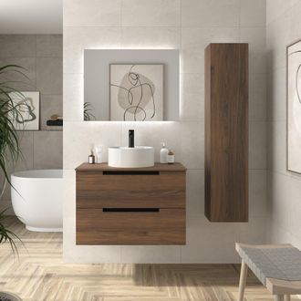 Cygnus Bath Mueble De Ba&ntilde;o Leni 80cm Nogal 2 Cajones Lavabo Sobre Encimera 1 Poza Porcelana