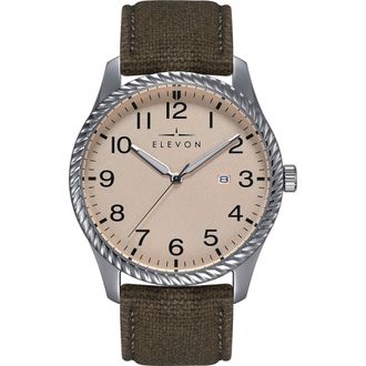 Elevon Watches Crosswind Canvas-Overlaid Leather-Band Watch w/ Date in Tan/olive at Nordstrom
