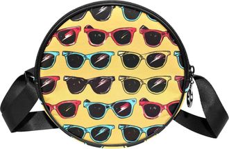 Generic Circle Crossbody Bag for Women, Sunglasses Printing Small Sling Bag Daypack with Zipper Adjustable Shoulder Straps Casual Ladies Girls Round Purse