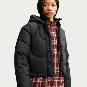 Nike Womens Nike Sportswear Swoosh Series Loose Storm-FIT Hooded Down Jacket in Black | IO9641-010