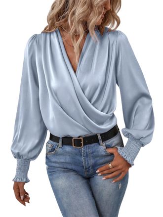 Generic Womens Satin Silk Blouse Wrap V Neck Long Sleeve, Womens V Neck Ruched Office Long Sleeve Blouse Shirt (Blue,L)