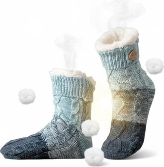 Generic Knitted Ultra-Thick Slipper Socks for Women, Tri-Color Patchwork Non-Slip Home Socks, Cozy Warm Winter Indoor Wear (Blue)