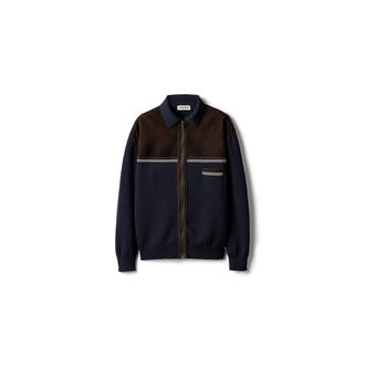 Miu Miu Wool And Leather Zipper Cardigan, Woman, Blue/cocoa Brown, Size 36