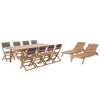Beliani Conjunto De Jard&iacute;n De Madera De Acacia Clara De 11 Piezas Mesa Rectangular 8 Plazas 2 Tumbonas Cesana