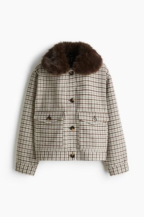 H&M Twilljacke mit flauschigem Kragen - Hellbeige/Kariert