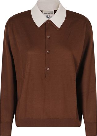 Semicouture Brown Cassie Ribbed Edge Button Knit Polo Shirt