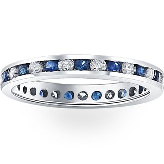 Pompeii3 1CT Blue Sapphire & Diamond Channel Set Eternity Wedding Ring 14K White Gold Size Selectable
