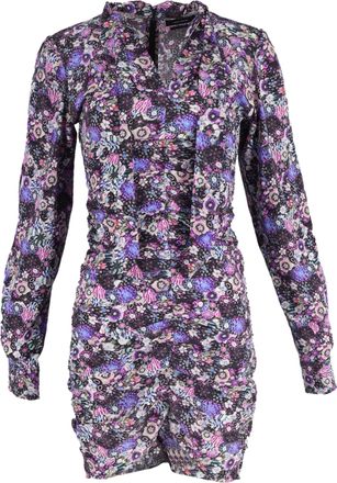 Isabel Marant Floral Print Mini Bow Tie Ruched Dress in Purple Silk