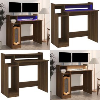 vidaXL Scrivania con Luci LED Marrone Rovere 97x45x90cm in Multistrato - Scrivania in legno multistrato - Scrivania per ufficio