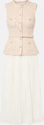 Self Portrait Abito midi in bouclé e chiffon con paillettes