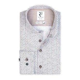 R2 Amsterdam Blauw Mini Print Stretch Overhemd - Heren - Casual Overhemden - Veelkleurig - M - Katoen - Overhemden