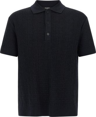 Balmain Navy Blue Monogram Knit Polo Shirt
