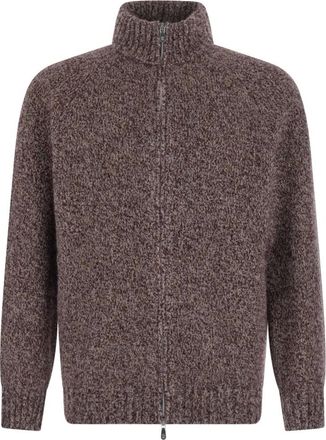Brunello Cucinelli Cardigan van scheerwol- zijde en kasjmier met rits - Heren - Truien - Bruin - Maat: L Zijde