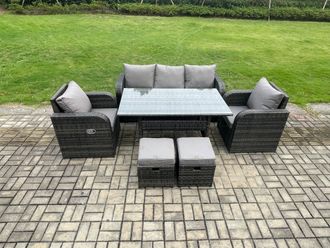 Fimous Rattan Garden Furniture 6 Piece Grey Patio Furniture Set Patio Conservatory 7 Seater Set Outdoor Rectangular Table & Chairs in Dark Grey