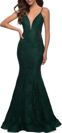 La Femme Long Mermaid Lace Dress with Back Rhinestone Detail in Emerald at Nordstrom, Size 00