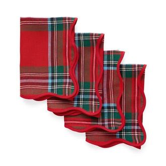 Solino Home Linen Dinner Napkins Set of 4, 20 x 20 Inch for Dining Table, Holiday and Everyday Table Decor - Giselle Scallop Edge in Madras Holiday