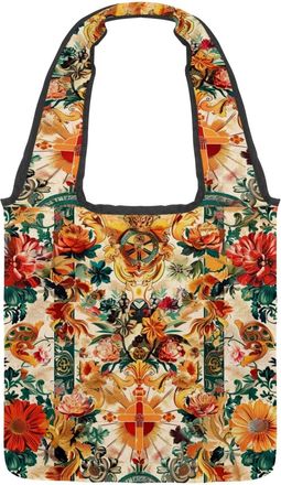 Generic Vintage Catholic Pattern Reversible Canvas Shoulder Tote - Double-Sided Print, 12oz Cotton, 27cm Drop, Fold-Flat Bag for Travel, Shopping, Street Outi