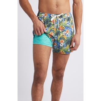 Fair Harbor The Bungalow Water Repellent Swim Trunks in Green 3D Vintage Tropical at Nordstrom, Size Xx-Large