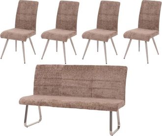 Hhg Juego De Comedor Hhg-221, Juego De 4 Sillas + Banco 180cm, Acero Inoxidable Cepillado Tela/textil Chenilla, Marr&oacute;n